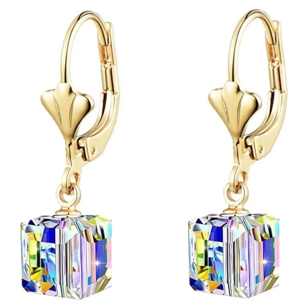 14K Yellow Gold with Iridescent AB Austrian Crystal Cube Leverback Drop Earrings